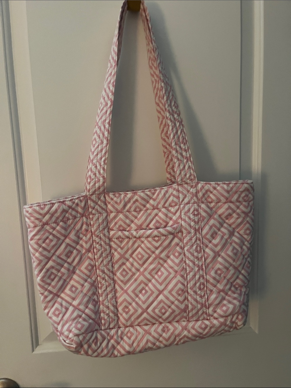 Pink Quilted Geometric Tote Bag with Front Pocket